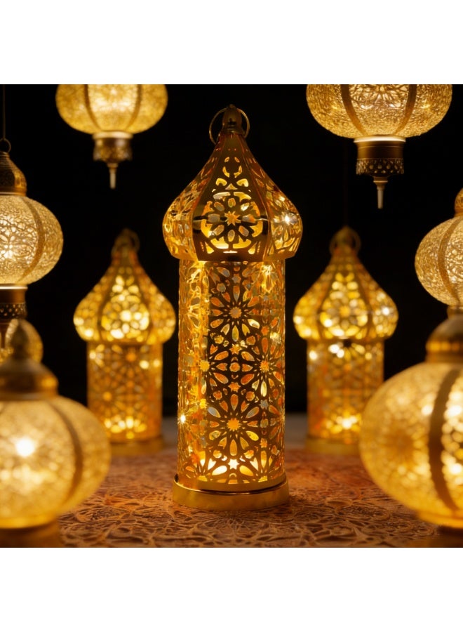 Moroccan Lanterns, Geometric Cutout Decorative LED Lights, Gold Metal Hanging Lanterns for Indoor Outdoor Home Decor, Table Centerpieces, Ramadan, Eid, Wedding Decorations, YB22-L - Image 3
